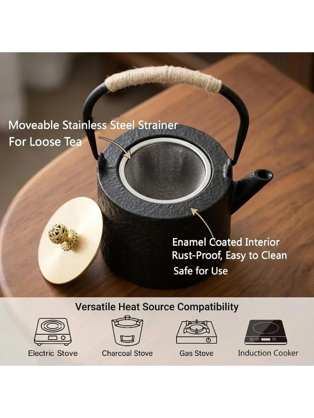 Black Cast Iron Kitchen Japanese Tetsubin Tea Pot 40.6oz Stovetop Tea Kettle